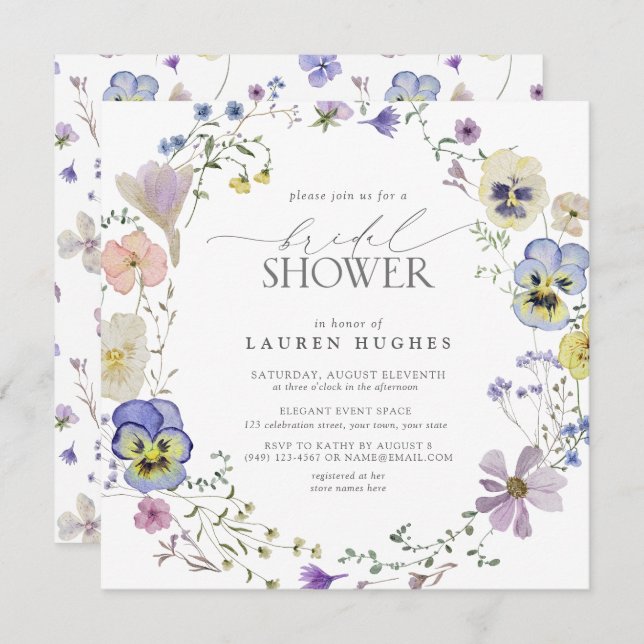 Vintage Blue Lavender Pressed Wildflower Shower  Invitation (Front/Back)