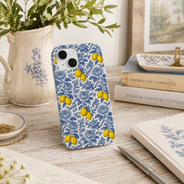 Vintage Blue Lemon Botanical Pattern iPhone 15 Case (Creator Uploaded)