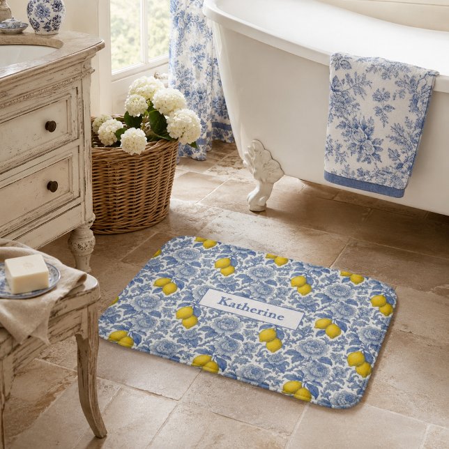Vintage Blue Lemon Botanical Pattern Name Bath Mat (Creator Uploaded)