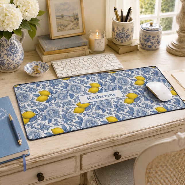 Vintage Blue Lemon Botanical Pattern Name Desk Mat (Creator Uploaded)
