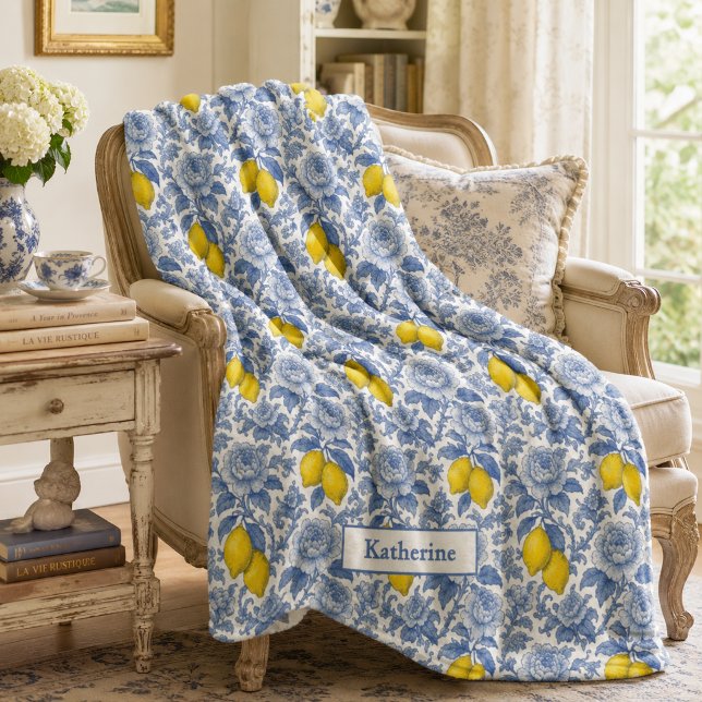 Vintage Blue Lemon Botanical Pattern Name Fleece Blanket (Creator Uploaded)