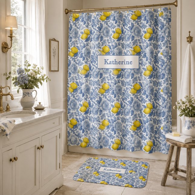 Vintage Blue Lemon Botanical Pattern Name Shower Curtain (Creator Uploaded)