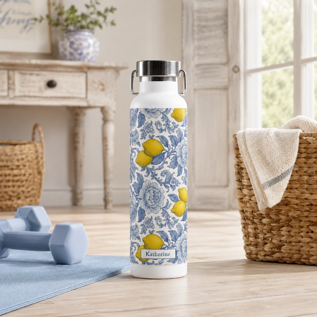 Vintage Blue Lemon Botanical Pattern Name Water Bottle (Creator Uploaded)