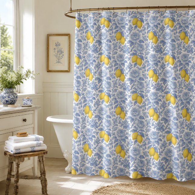 Vintage Blue Lemon Botanical Pattern Shower Curtain (Creator Uploaded)