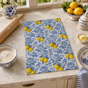 Vintage Blue Lemon Botanical Pattern Tea Towel