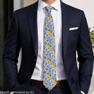 Vintage Blue Lemon Botanical Pattern Tie