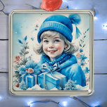 Vintage Blue Little Girl Christmas Personalised Metal Tree Decoration<br><div class="desc">Pretty little vintage girl in winter hat holding a blue gift box retro nostalgic vibe Christmas ornament for those who like an old-fashioned Christmas.</div>