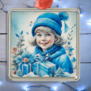 Vintage Blue Little Girl Christmas Personalised Metal Tree Decoration