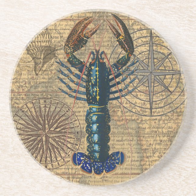 Vintage Blue Lobster Map Collage: Nautical Coastal Coaster (Front)