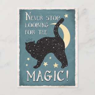 Vintage Blue Magic Black Cat Stars Moon Postcard