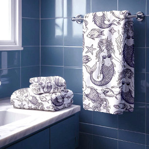 Vintage Blue Mermaid & Sea Life Pattern Bath Towel Set