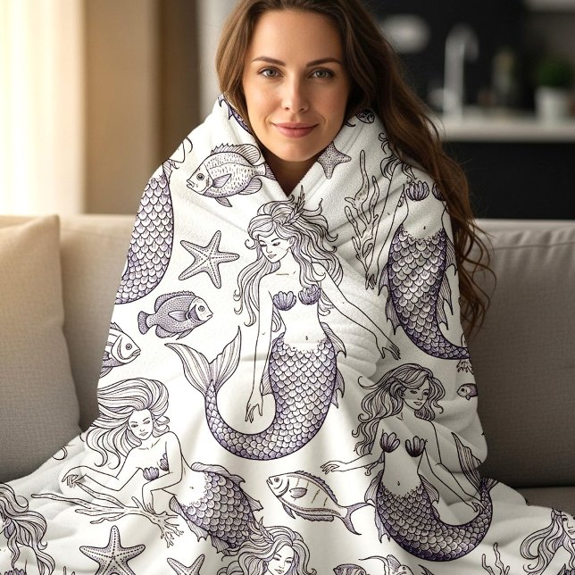 Vintage Blue Mermaid & Sea Life Pattern Fleece Blanket (Creator Uploaded)