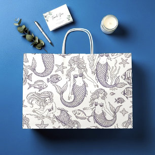 Vintage Blue Mermaid & Sea Life Pattern Large Gift Bag