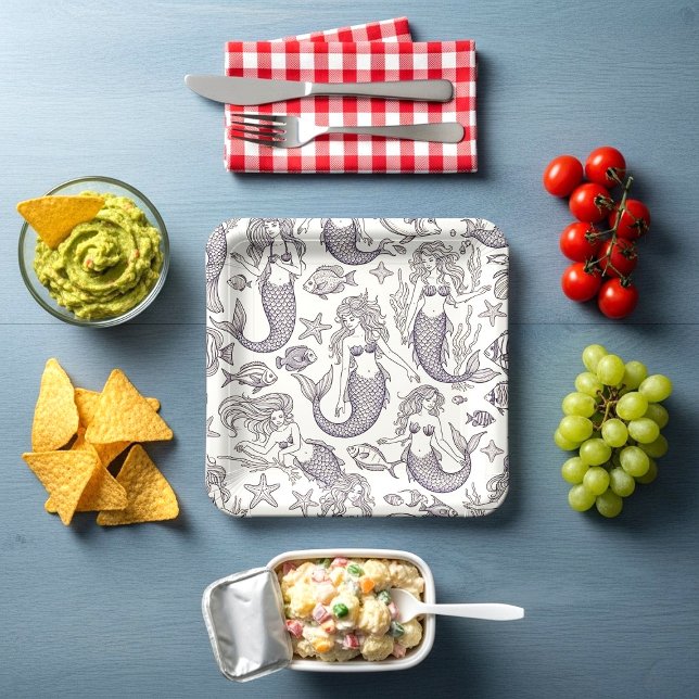 Vintage Blue Mermaid & Sea Life Pattern Paper Plate (Creator Uploaded)