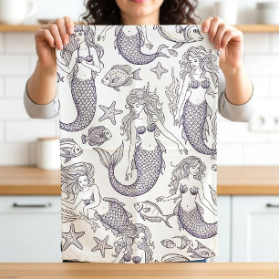 Vintage Blue Mermaid & Sea Life Pattern Tea Towel