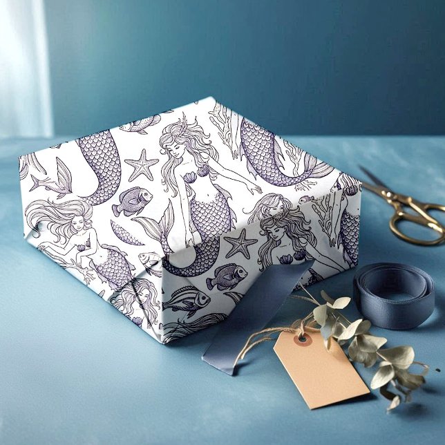 Vintage Blue Mermaid & Sea Life Pattern Wrapping Paper (Creator Uploaded)