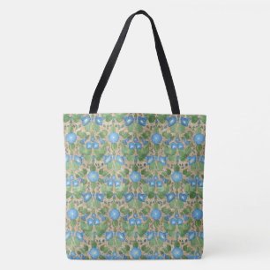 Vintage Blue Morning Glory Floral on Taupe Tote Bag