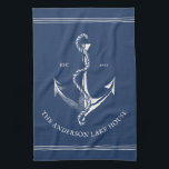 Vintage Blue Nautical Anchor Lake House Boat  Tea Towel<br><div class="desc">Personalised kitchen towel with a nautical theme, featuring a vintage anchor and your family name and est. date of choice on a solid navy blue background. Perfect for a lake house, beach house, vacation rental or a boat. Fully customisable colours and text. Makes the perfect elegant lake house or boat...</div>