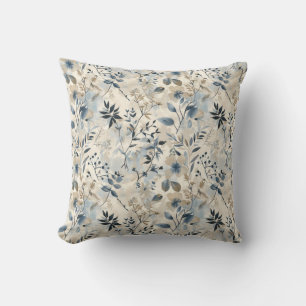 Vintage Blue Neutral Floral Throw Pillow