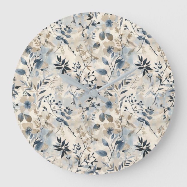 Vintage Blue Neutral Floral Wall Clock (Front)