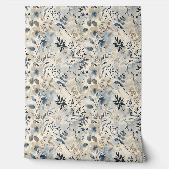 Vintage Blue Neutral Floral Wallpaper (Unrolling)