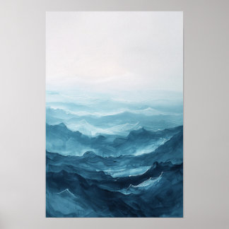 Vintage Blue Ocean Minimalist Landscape Painting  Poster