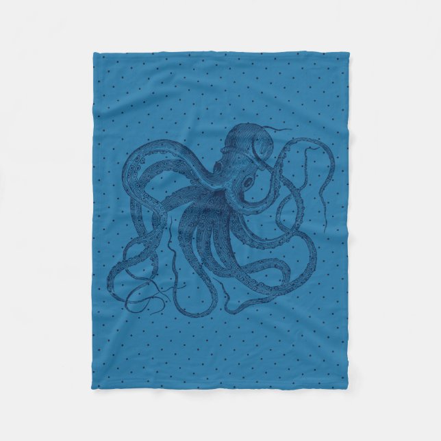 Vintage Blue Octopus & Dots Pattern Fleece Blanket (Front)