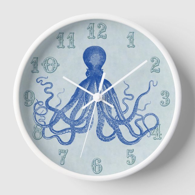 Vintage Blue Octopus Nautical Beach House Wall Clock (Front)