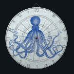 Vintage Blue Octopus with Anchors<br><div class="desc">This beautiful antique octopus drawing* from the 19th Century has been recolored blue and placed on a pretty grey-blue distressed / grunge background with a faint anchor pattern. The result is an original dartboard to match your nautical and beach theme home decor. The fancy, Victorian octopus has plenty of waving...</div>