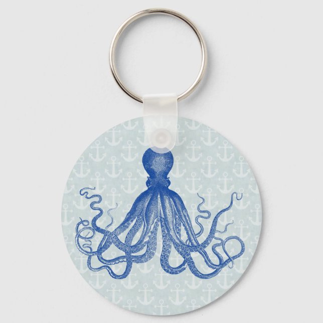 Vintage Blue Octopus with Anchors Key Ring (Front)