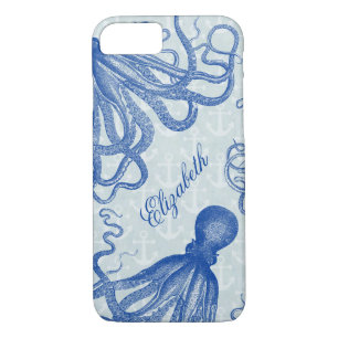 Vintage Blue Octopus with Anchors Personalised Case-Mate iPhone Case