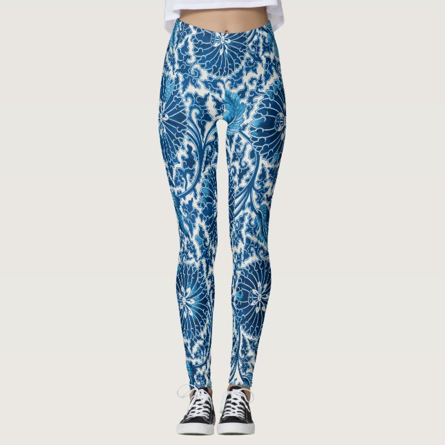 Vintage Blue Ornamental Floral Pattern Leggings (Front)