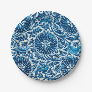 Vintage Blue Ornamental Floral Pattern Paper Plate