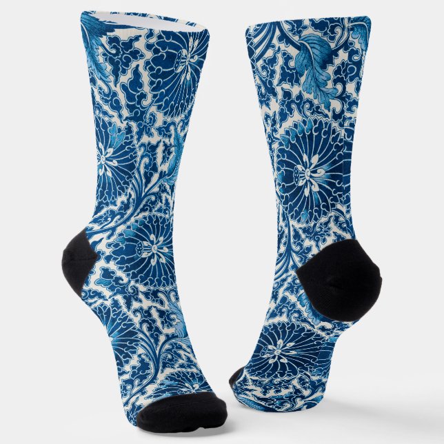 Vintage Blue Ornamental Floral Pattern Socks (Angled)