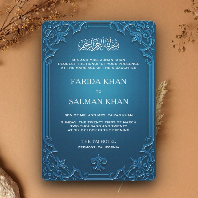 Vintage Blue Ornate Frame Islamic Wedding Invitation (Creator Uploaded)