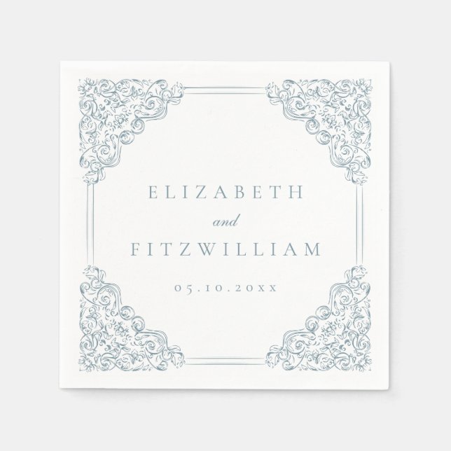 Vintage Blue Ornate Frame Wedding Napkin (Front)