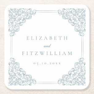 Vintage Blue Ornate Frame Wedding Square Paper Coaster