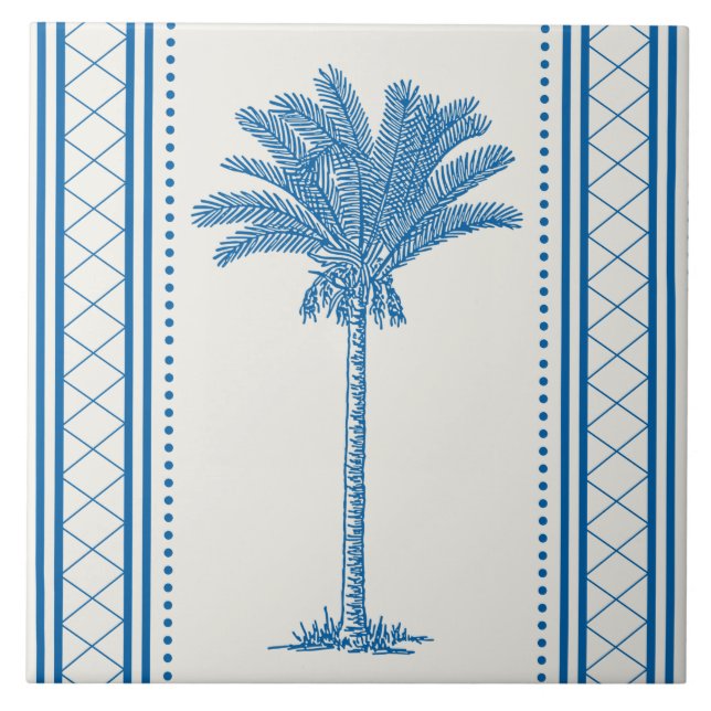 Vintage Blue Palm Tree Silhouette Coastal Tropical Tile (Front)