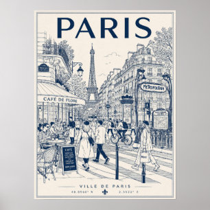 Vintage Blue Paris Street Scene Eiffel Tower Illus Poster