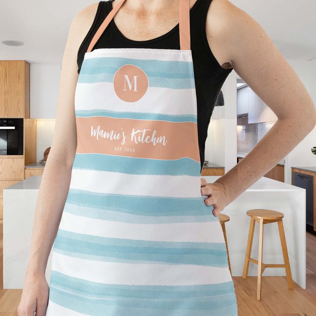Vintage Blue Peach Pink Nautical Monogram Gift Apron (coastal nautical stripes gift apron personalized monogram blue peach pink vintage retro cottagecore )