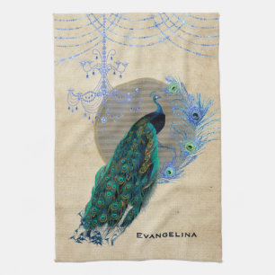 Vintage Blue Peacock Feathers Chandelier Tea Towel