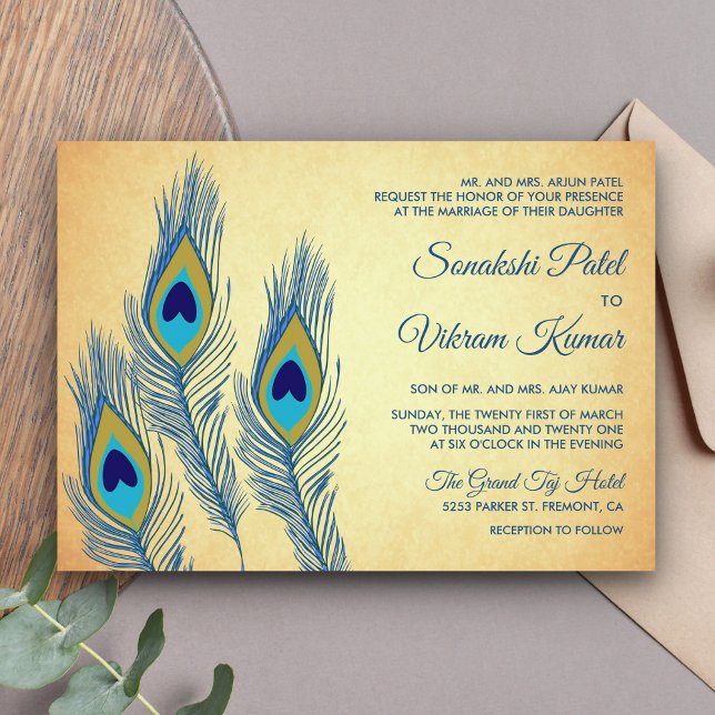 Vintage Blue Peacock Feathers Indian Wedding Invitation (Creator Uploaded)