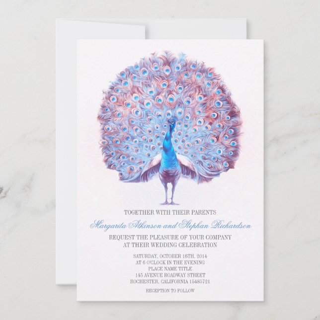 vintage blue peacock wedding invitation (Front)