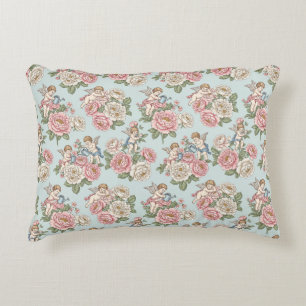 Vintage Blue & Pink Coquette Cherub Angel Rose Decorative Cushion