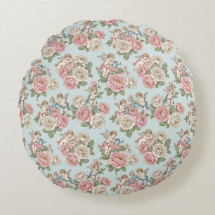 Vintage Blue & Pink Coquette Cherub Angel Rose Round Cushion