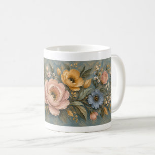 Vintage Blue Pink Floral Botanical Coffee Mug