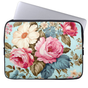 Vintage Blue Pink Floral Garden Laptop Sleeve
