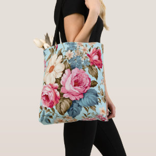 Vintage Blue Pink Floral Garden  Tote Bag