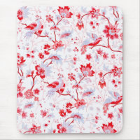 Vintage Blue Pink Folk Bird Floral