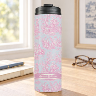 Vintage Blue Pink French Toile de Jouy Floral Thermal Tumbler